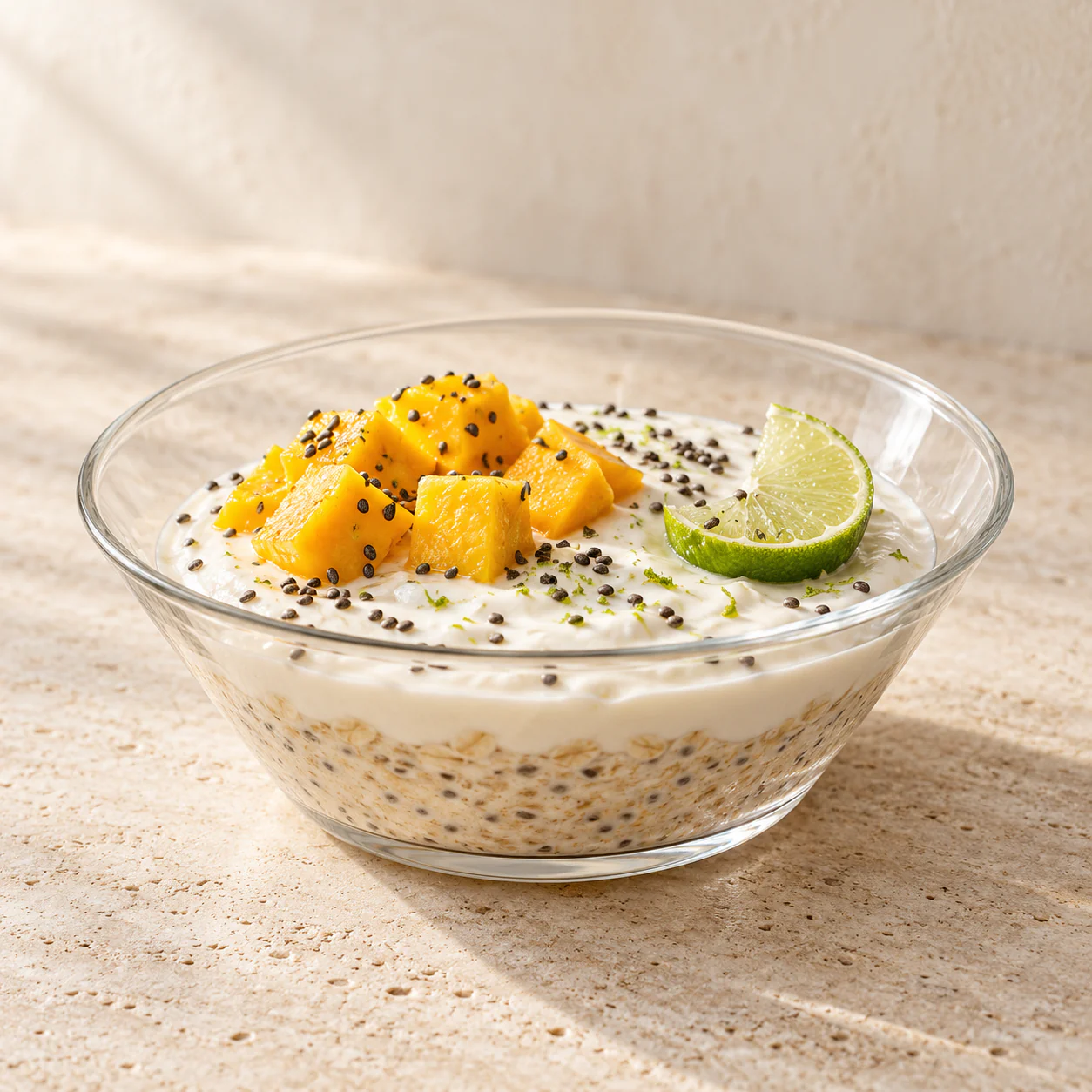 Mango Lime Overnight Oats, plated