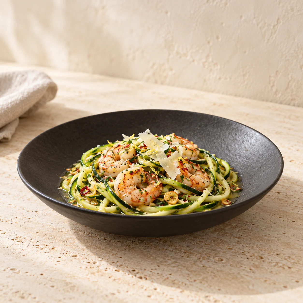 Garlic Chilli Prawn Courgetti, plated