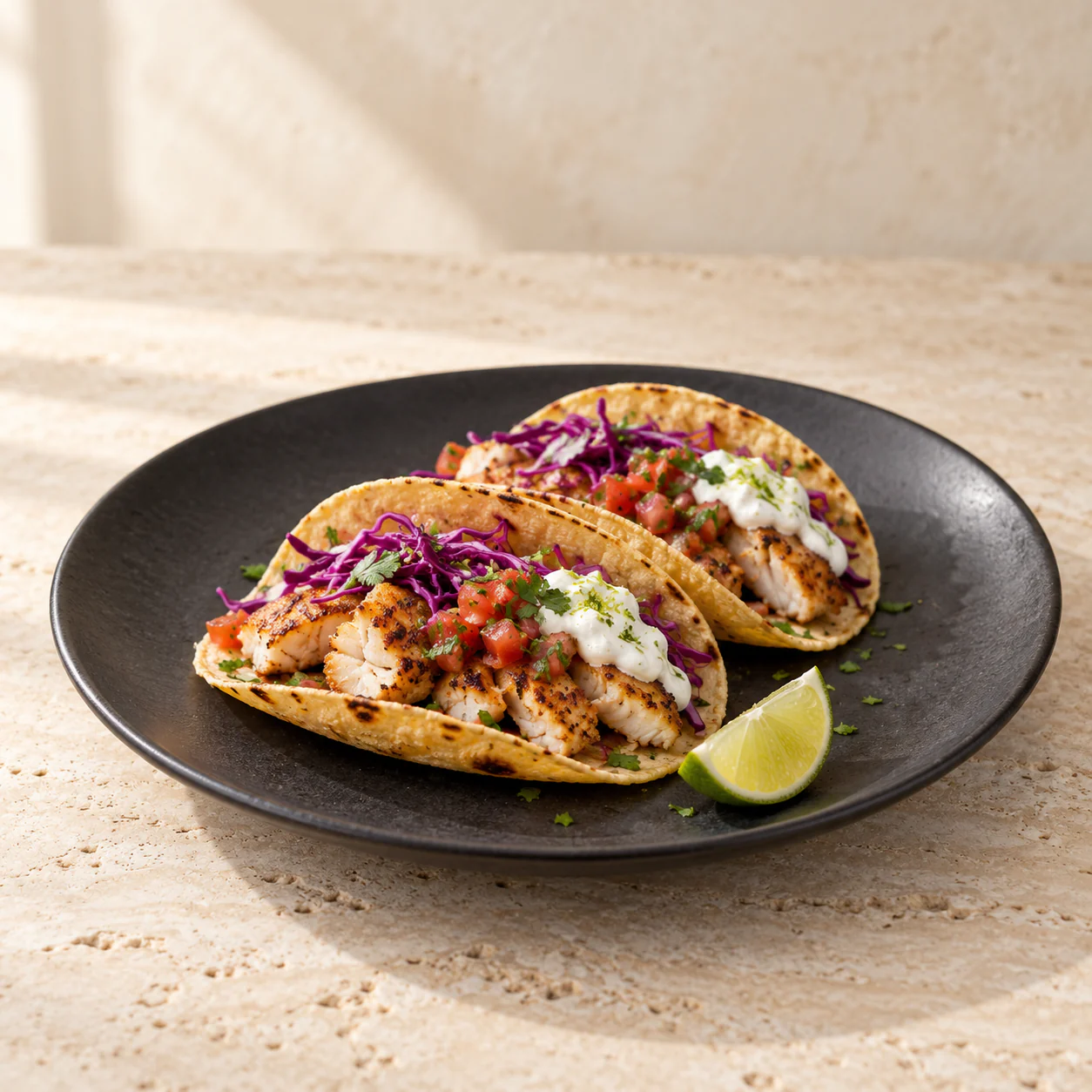 Tilapia Fish Tacos, plated