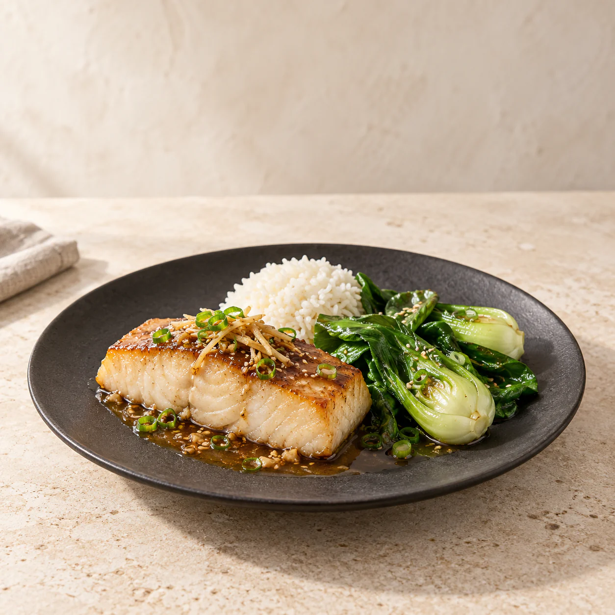 Ginger Cod with Pak Choi, plated