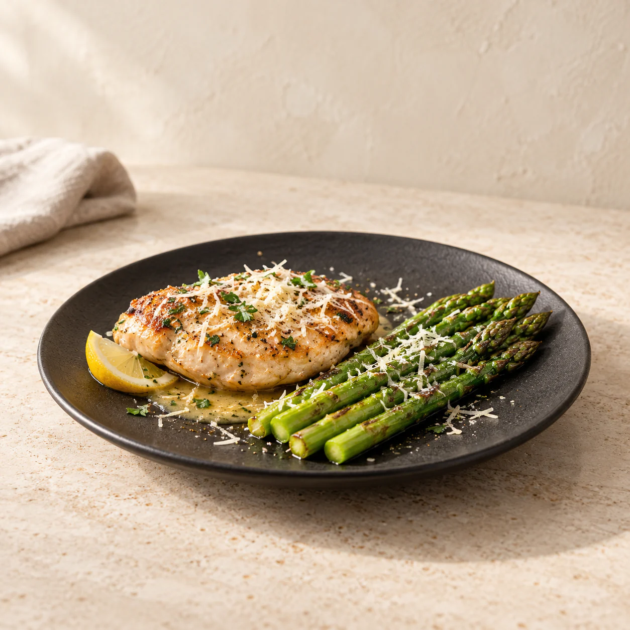 Parmesan Chicken & Asparagus, plated