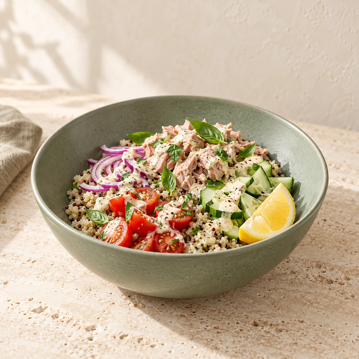 Mediterranean Quinoa Tuna Salad, plated