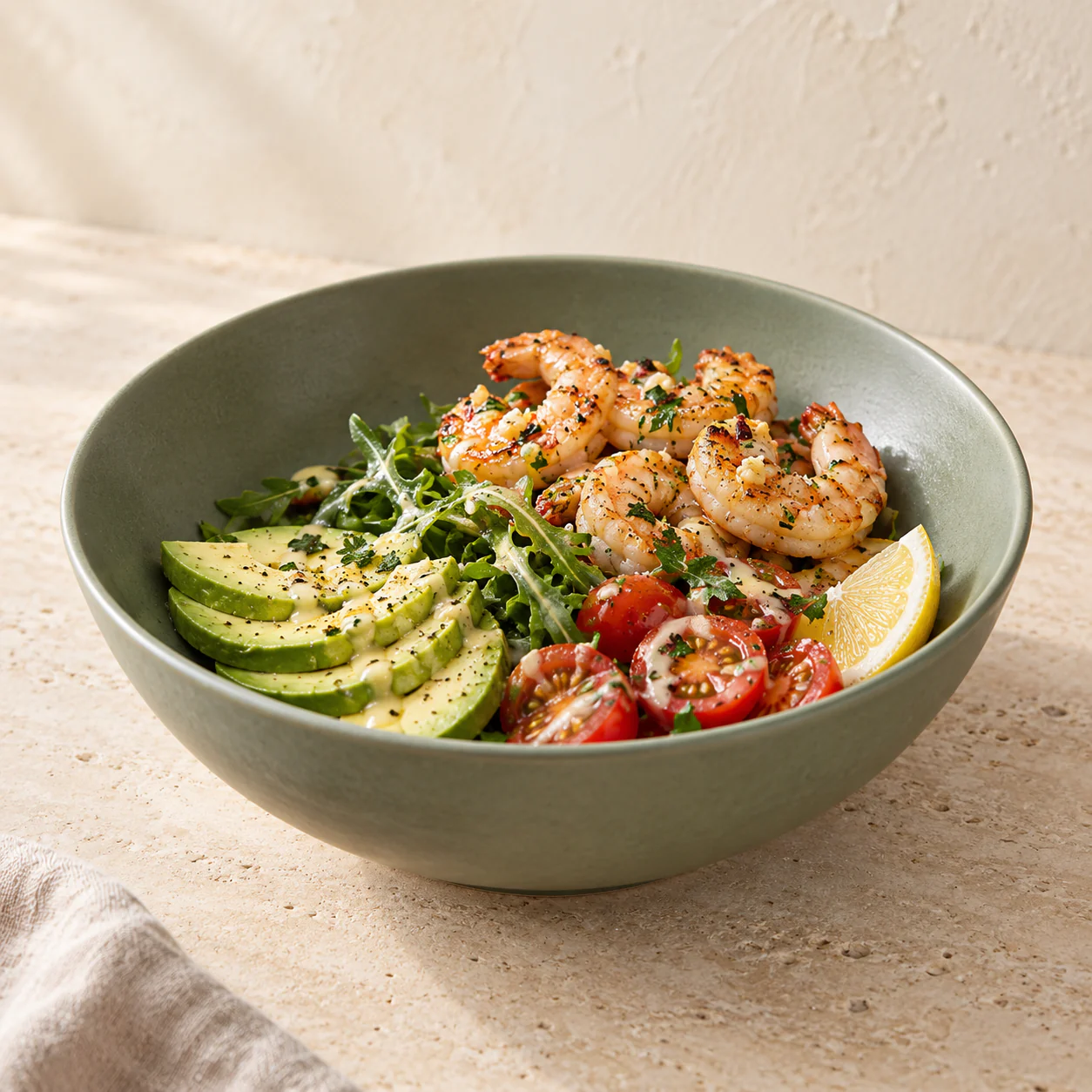 Garlic Prawn & Avocado Salad, plated
