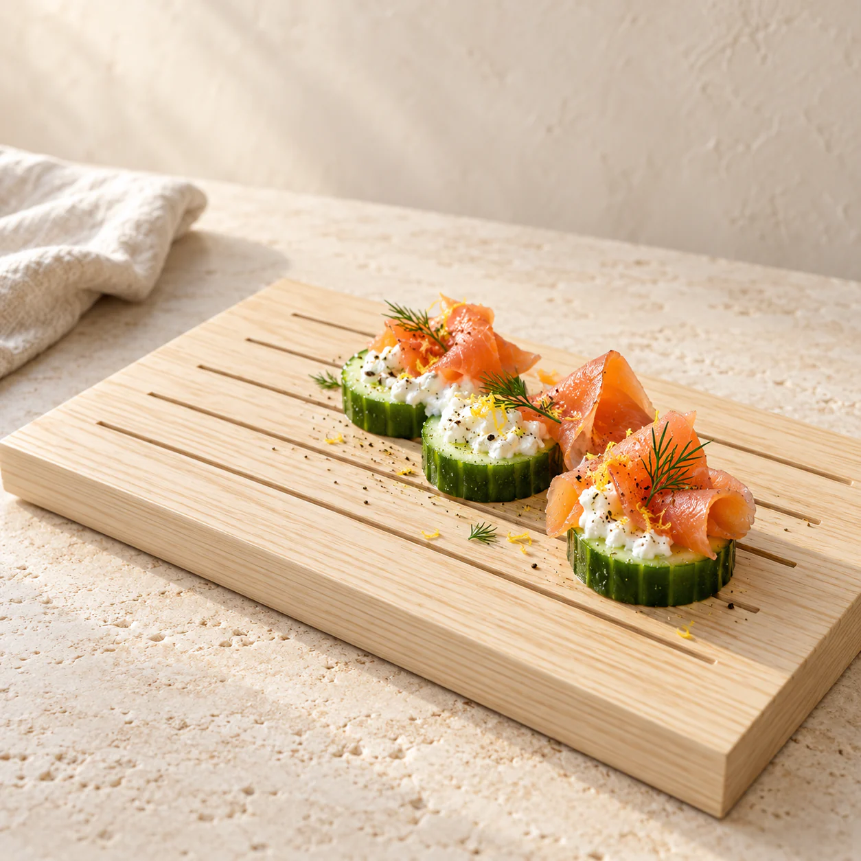 Smoked Salmon Cucumber Bites, plated
