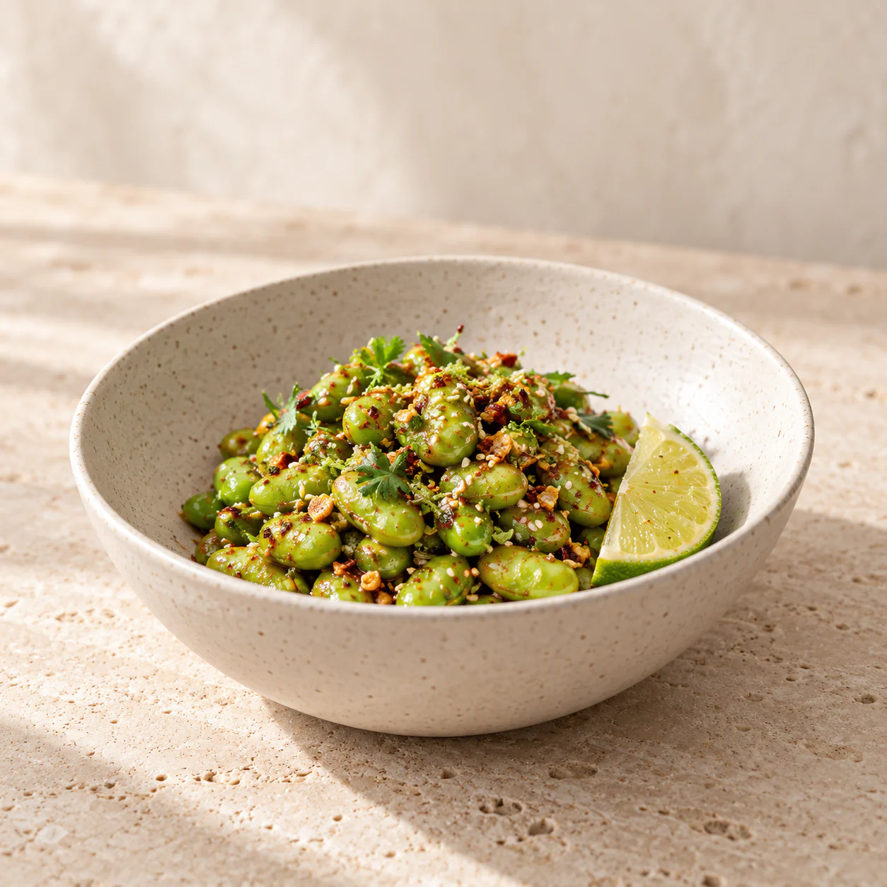 Chilli Lime Edamame, plated