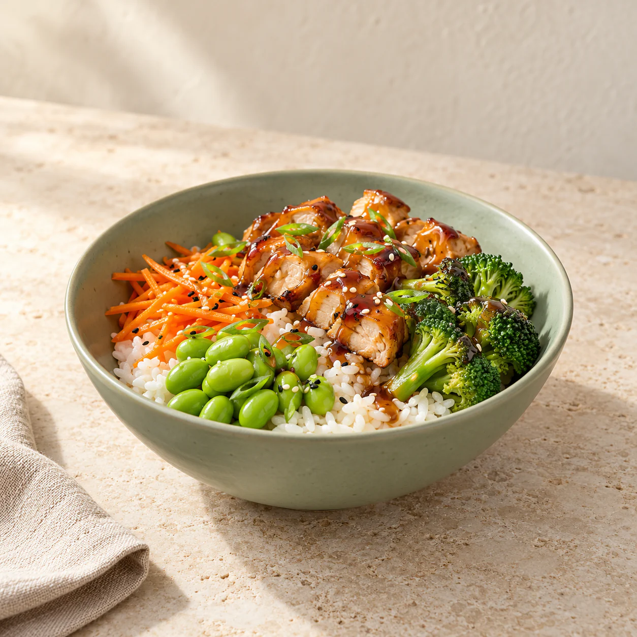 Teriyakis csirkés bowl, tálalva